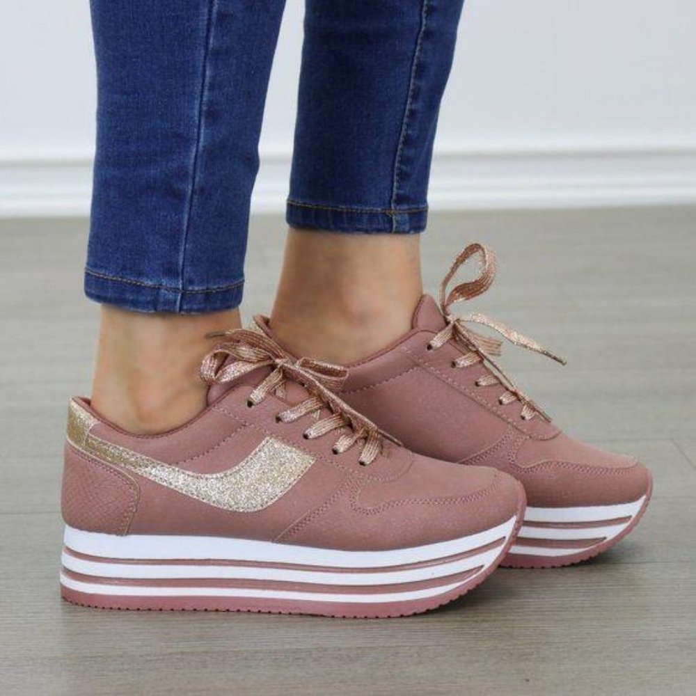 Glittery Pink & White Chunky Platform Sneakers - Picture 3 of 8